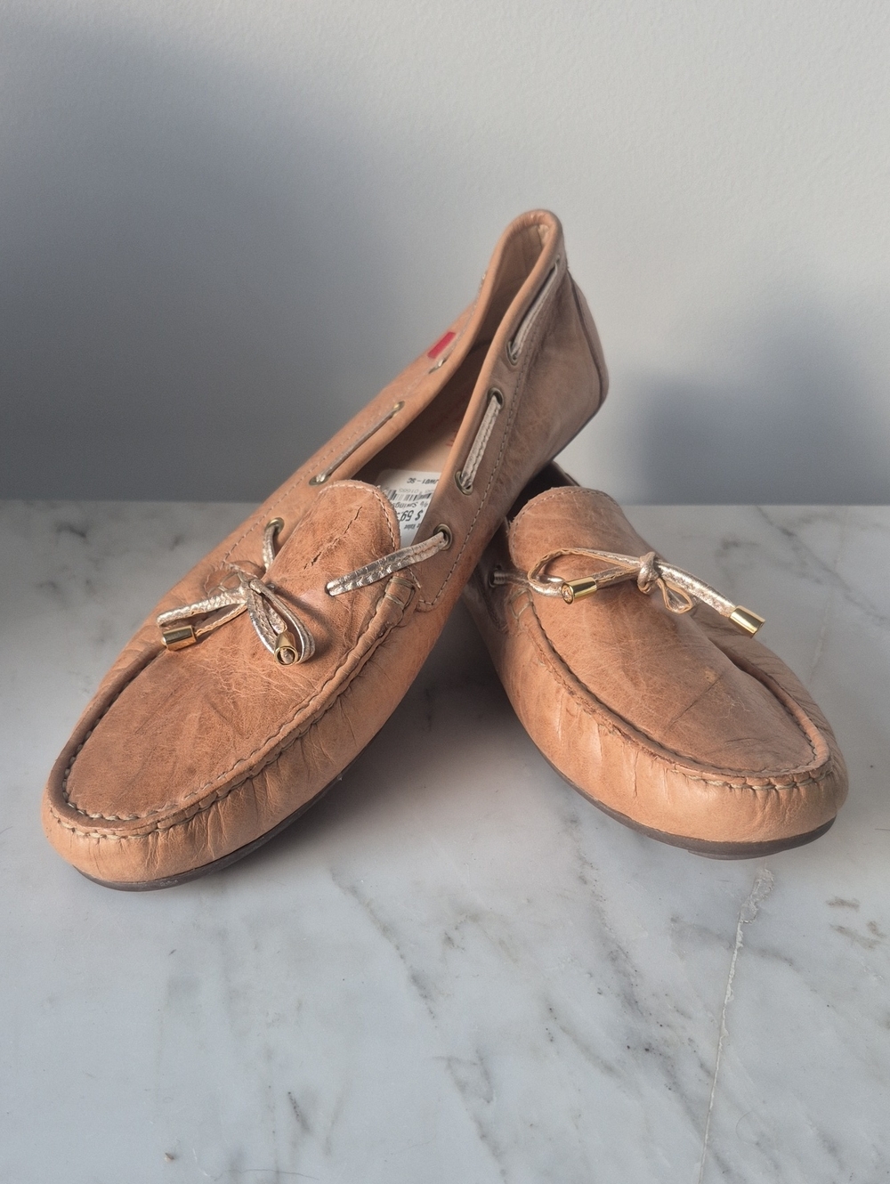 Marc Joseph Tan Leather Moccasin Loafers with Gold-Tip Laces